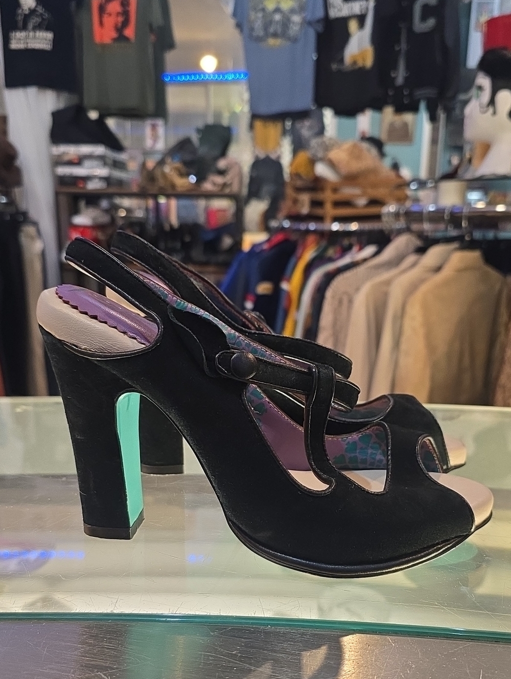 Irregular Choice Black Suede Slingback Heels with Mint Heel Accent
